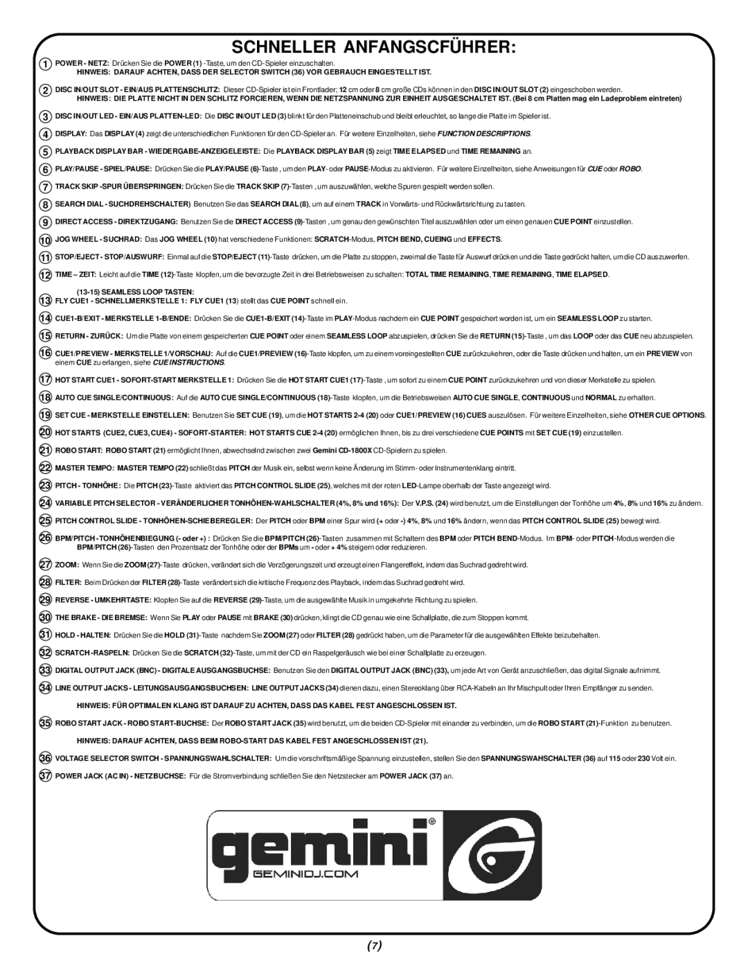 Gemini CD-1800X manual Schneller Anfangscführer, Seamless Loop Tasten 