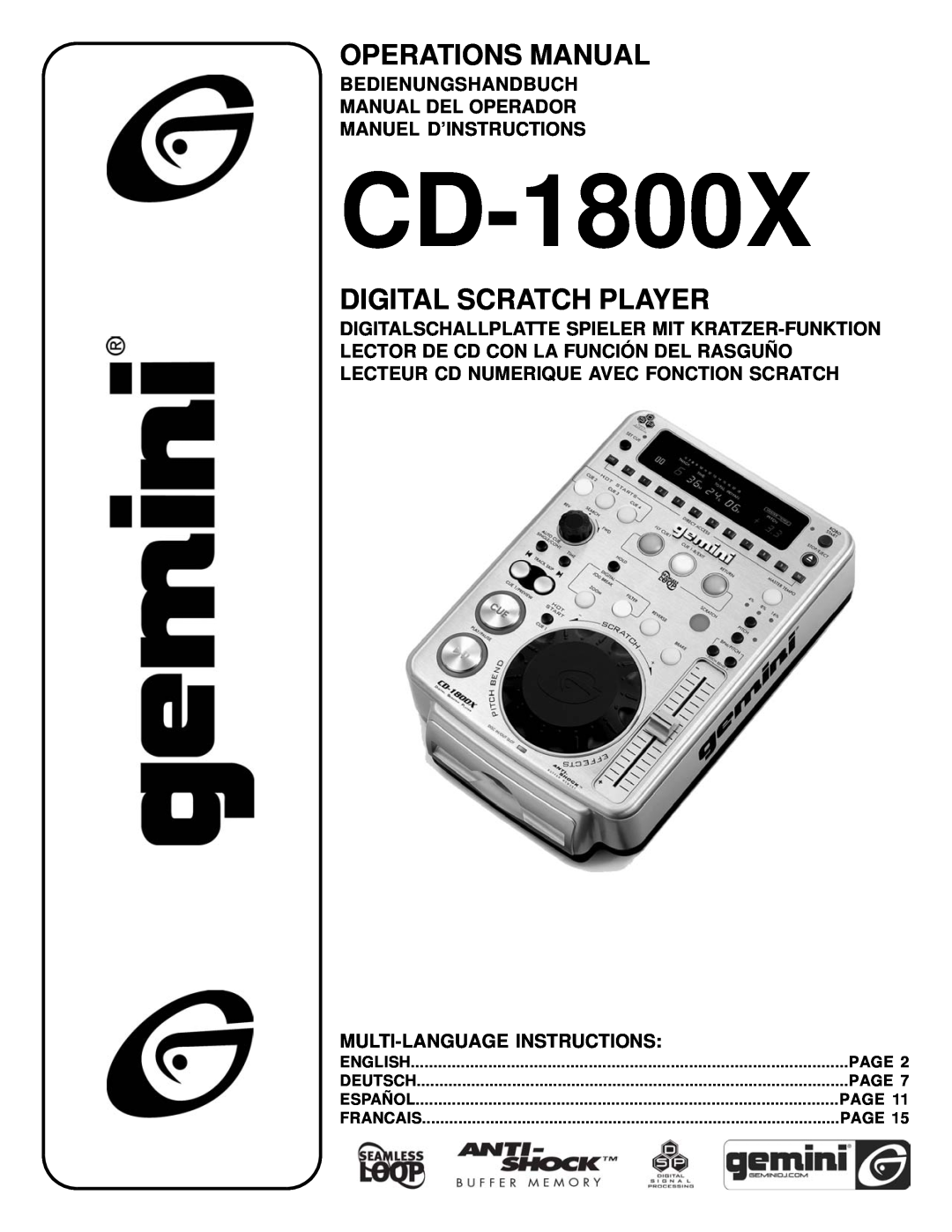 Gemini CD-1800X manual Operations Manual, Digital Scratch Player, Bedienungshandbuch Manual Del Operador, Page, English 
