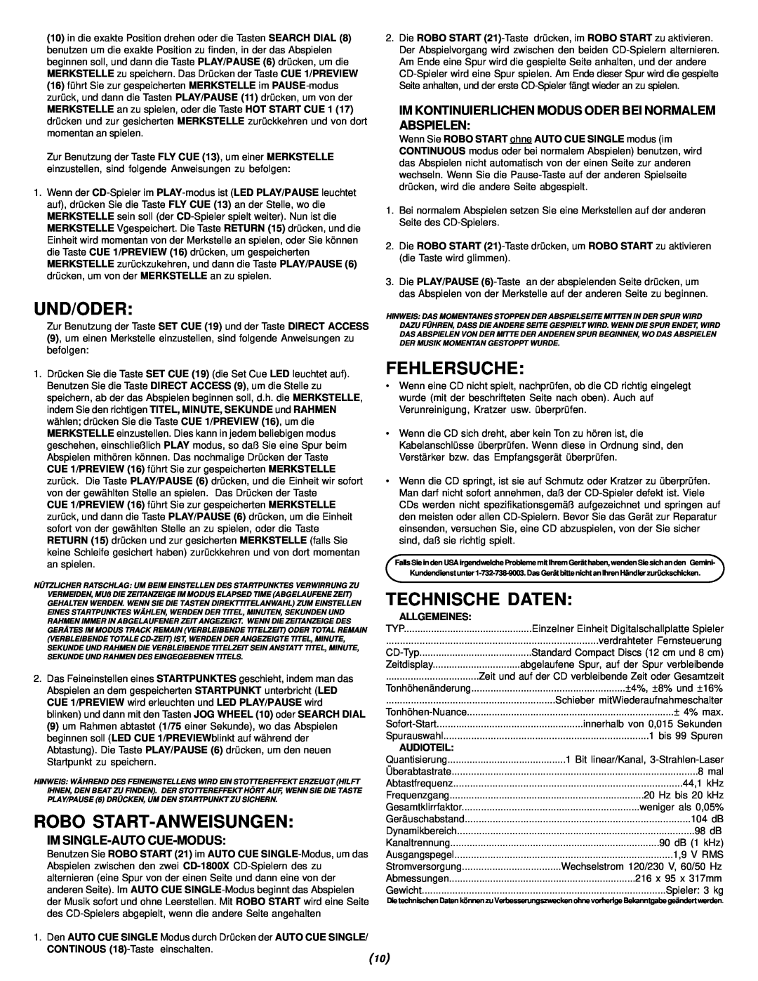 Gemini CD-1800X Und/Oder, Robo Start-Anweisungen, Fehlersuche, Technische Daten, Im Single-Auto Cue-Modus, Allgemeines 