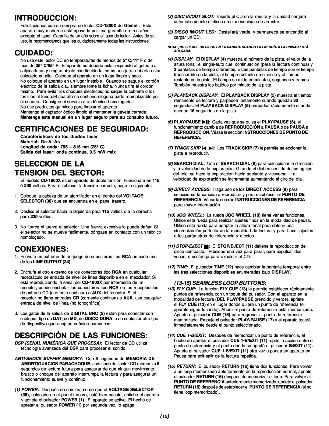 Gemini CD-1800X manual Introduccion, Cuidado, Certificaciones De Seguridad, Seleccion De La Tension Del Sector, Conexiones 