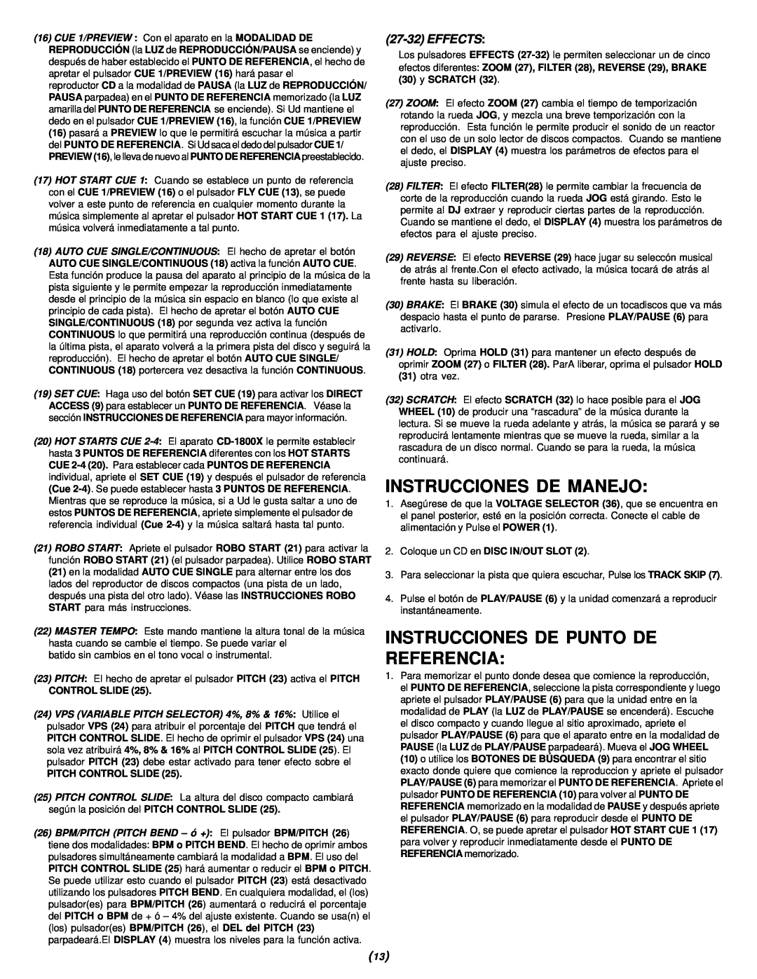 Gemini CD-1800X Instrucciones De Manejo, Instrucciones De Punto De Referencia, 27-32EFFECTS, Control Slide, 30y SCRATCH 