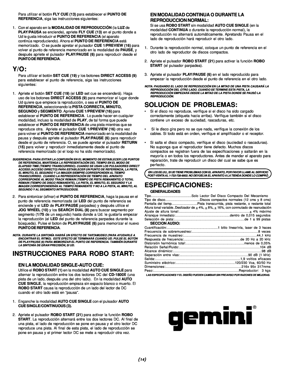 Gemini CD-1800X Instrucciones Para Robo Start, Solucion De Problemas, Especificaciones, En La Modalidad Single-Autocue 