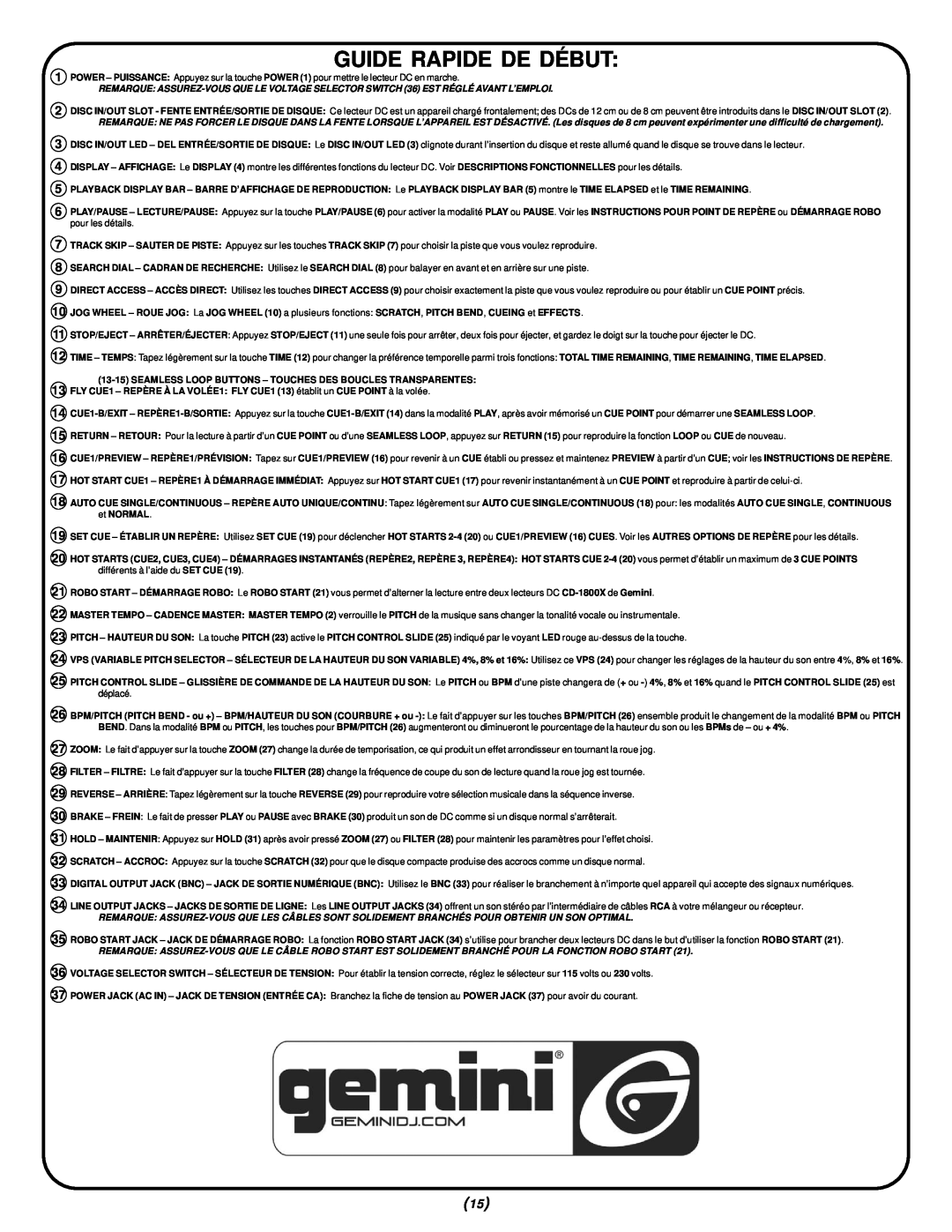Gemini CD-1800X manual Guide Rapide De Début 