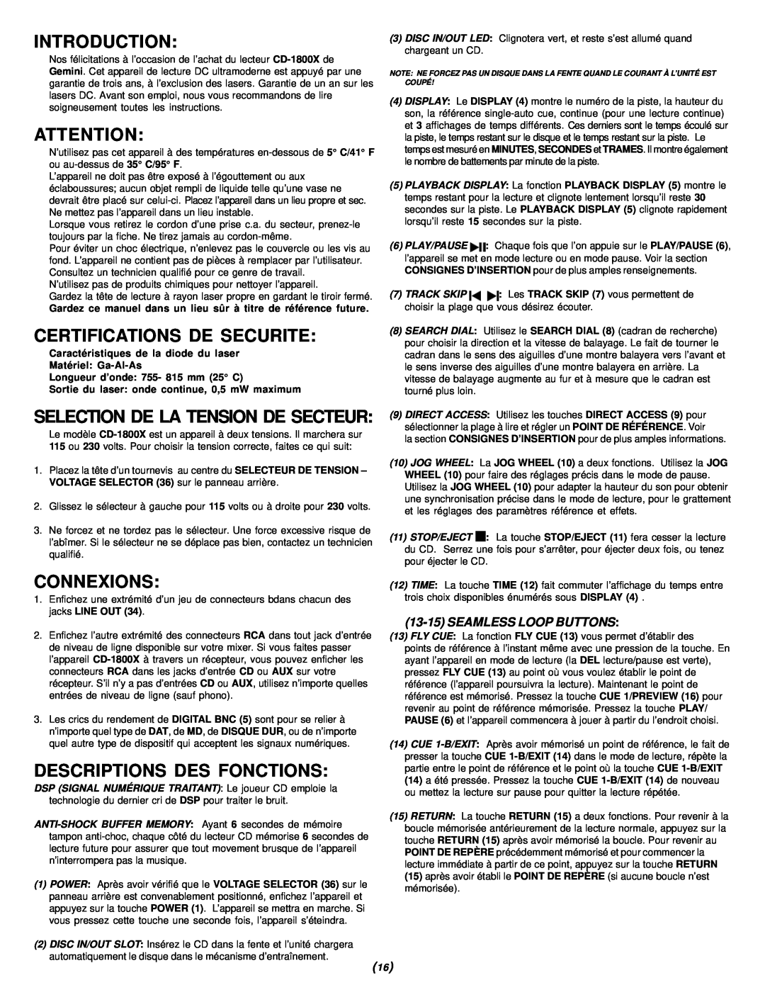 Gemini CD-1800X manual Certifications De Securite, Connexions, Descriptions Des Fonctions, Introduction, Matériel Ga-Al-As 