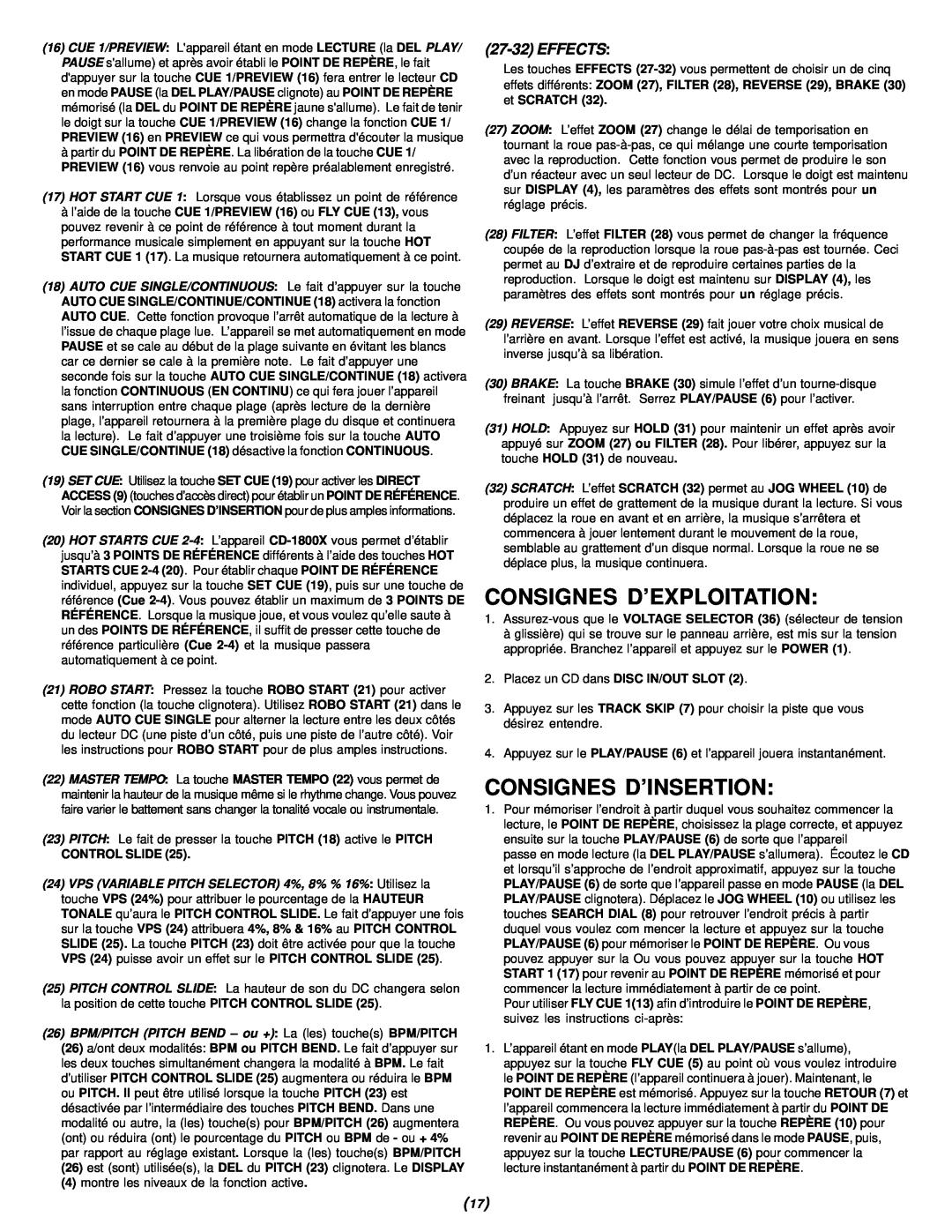 Gemini CD-1800X manual Consignes D’Exploitation, Consignes D’Insertion, 27-32EFFECTS, Control Slide 