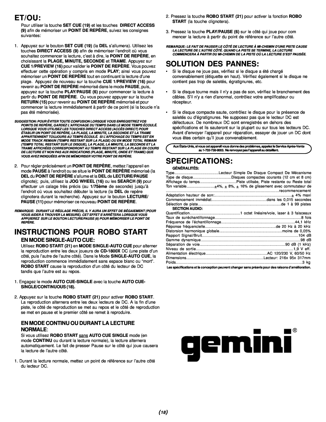 Gemini CD-1800X manual Et/Ou, Instructions Pour Robo Start, Solution Des Pannes, En Mode Single-Autocue, Specifications 