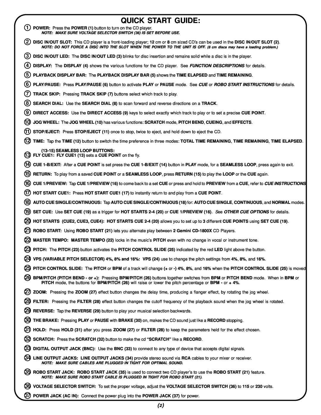 Gemini CD-1800X manual Quick Start Guide, 13-15SEAMLESS LOOP BUTTONS 