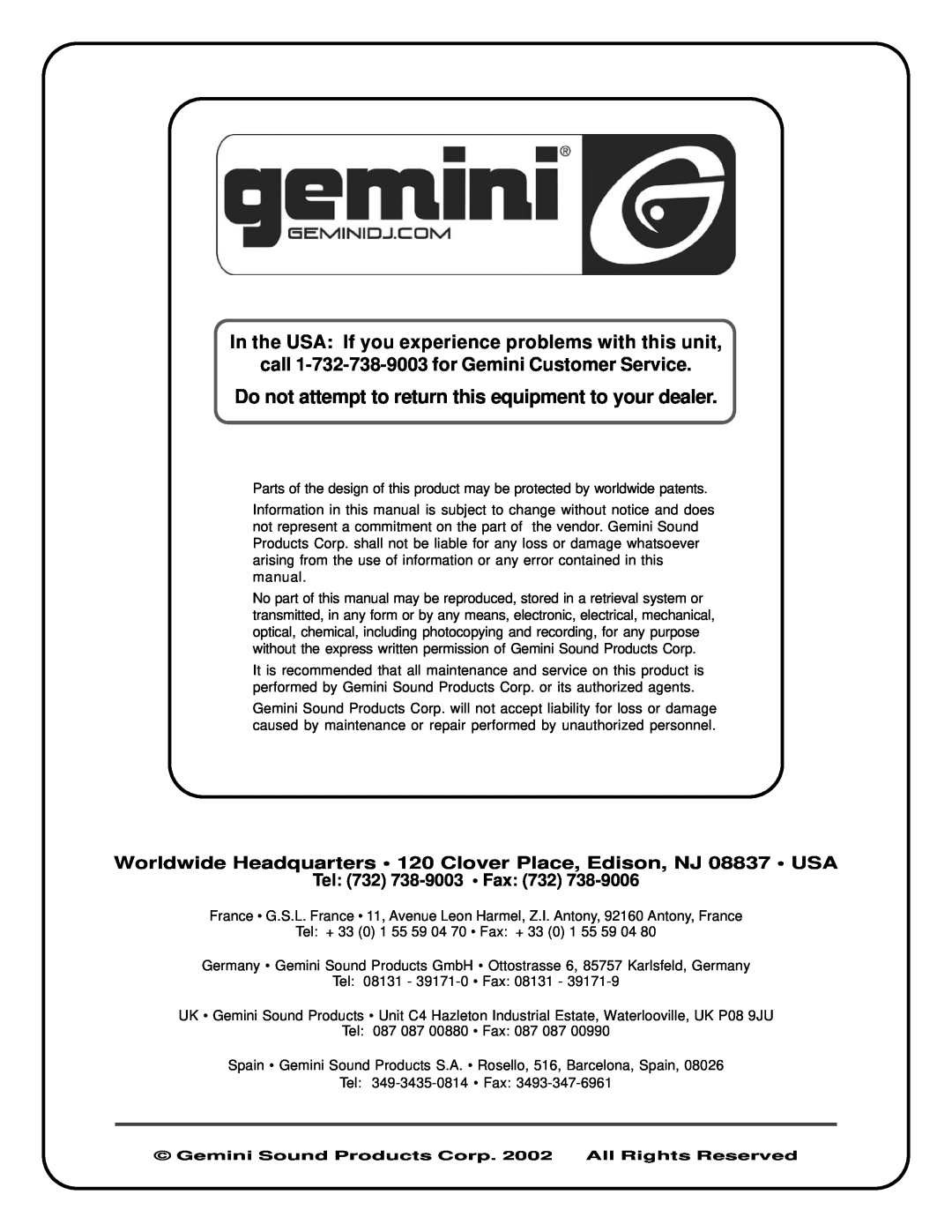 Gemini CD-1800X manual call 1-732-738-9003for Gemini Customer Service, Tel 732 738-9003 Fax 