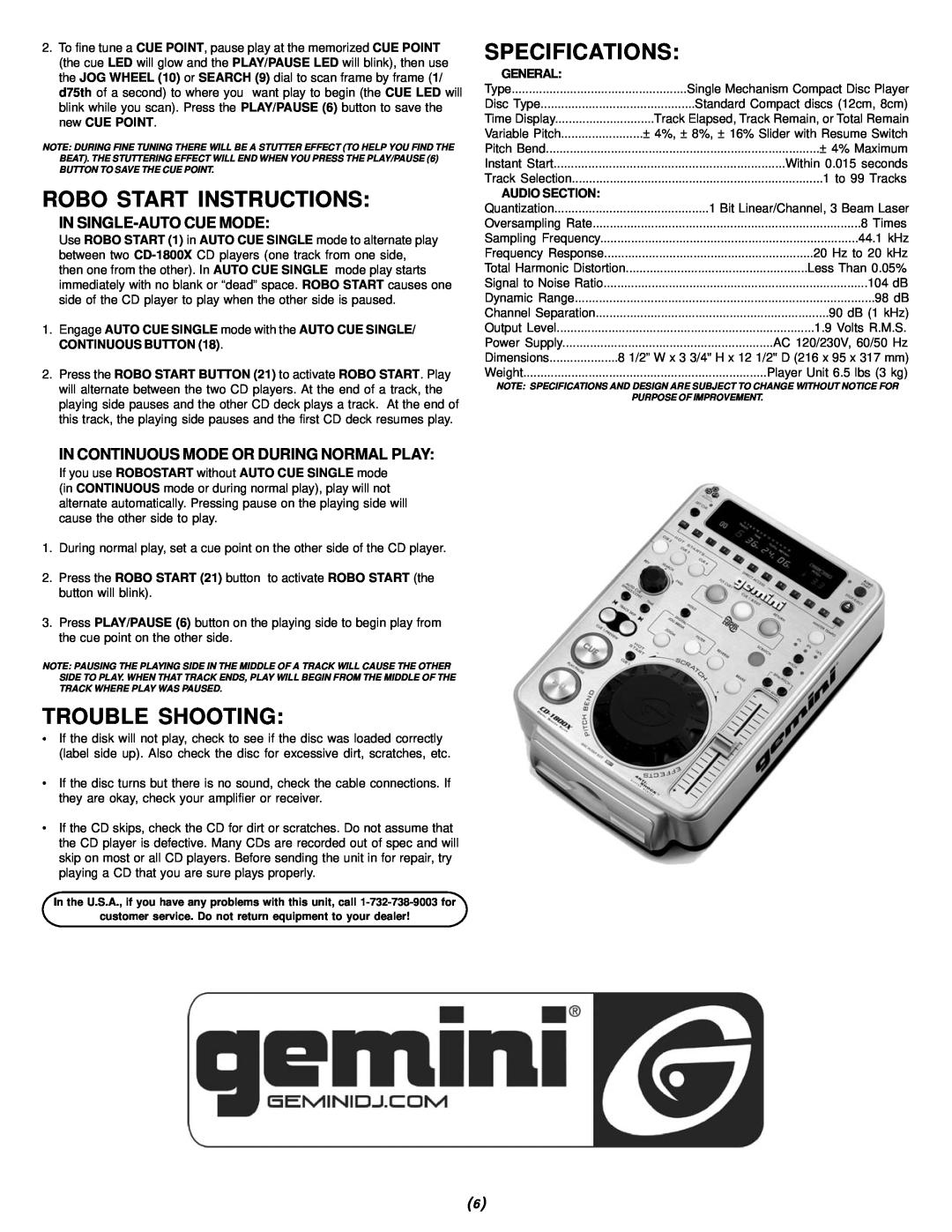 Gemini CD-1800X Robo Start Instructions, Trouble Shooting, Specifications, In Single-Autocue Mode, General, Audio Section 