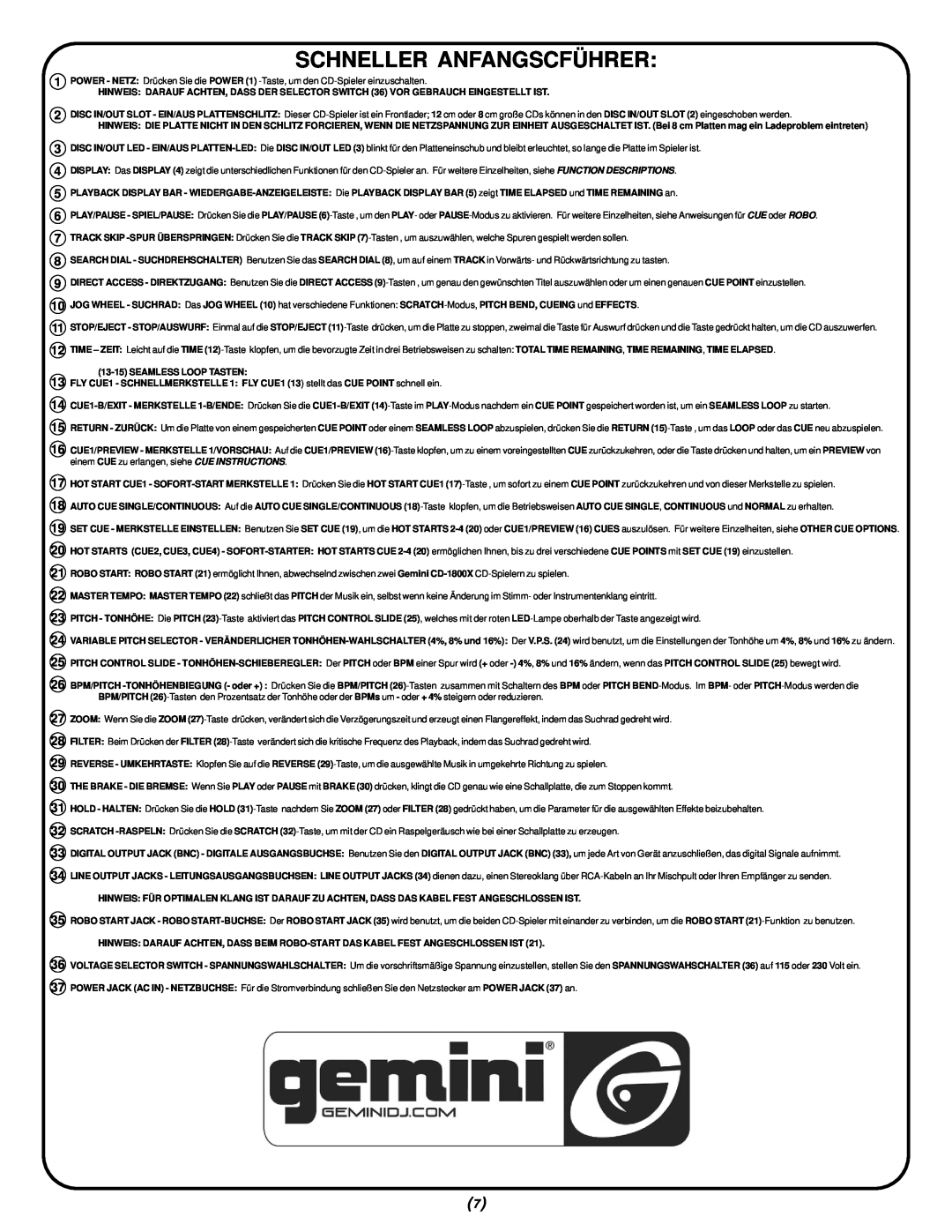 Gemini CD-1800X manual Schneller Anfangscführer 