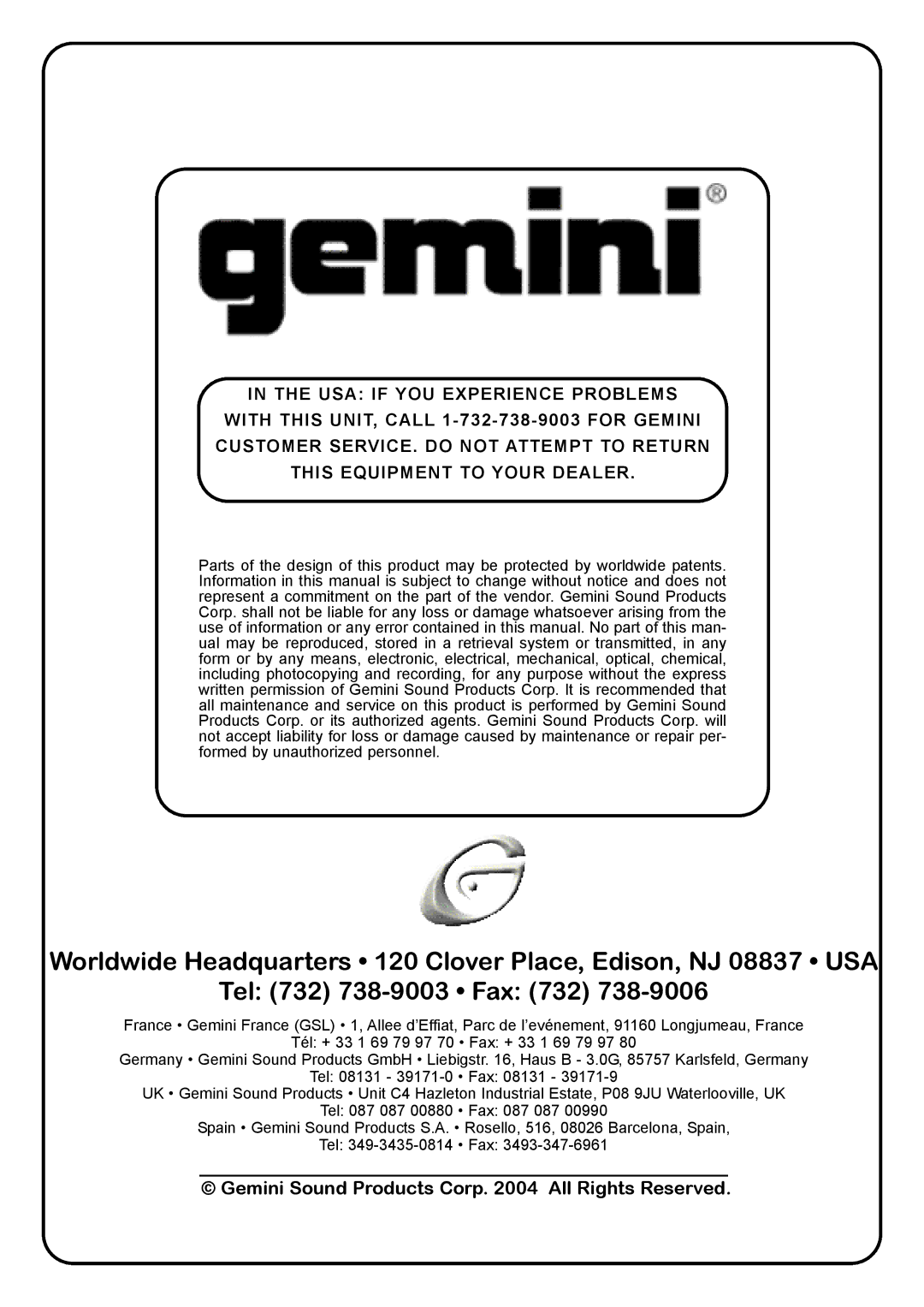 Gemini CD-200 manual Tel 732 738-9003 Fax 732 