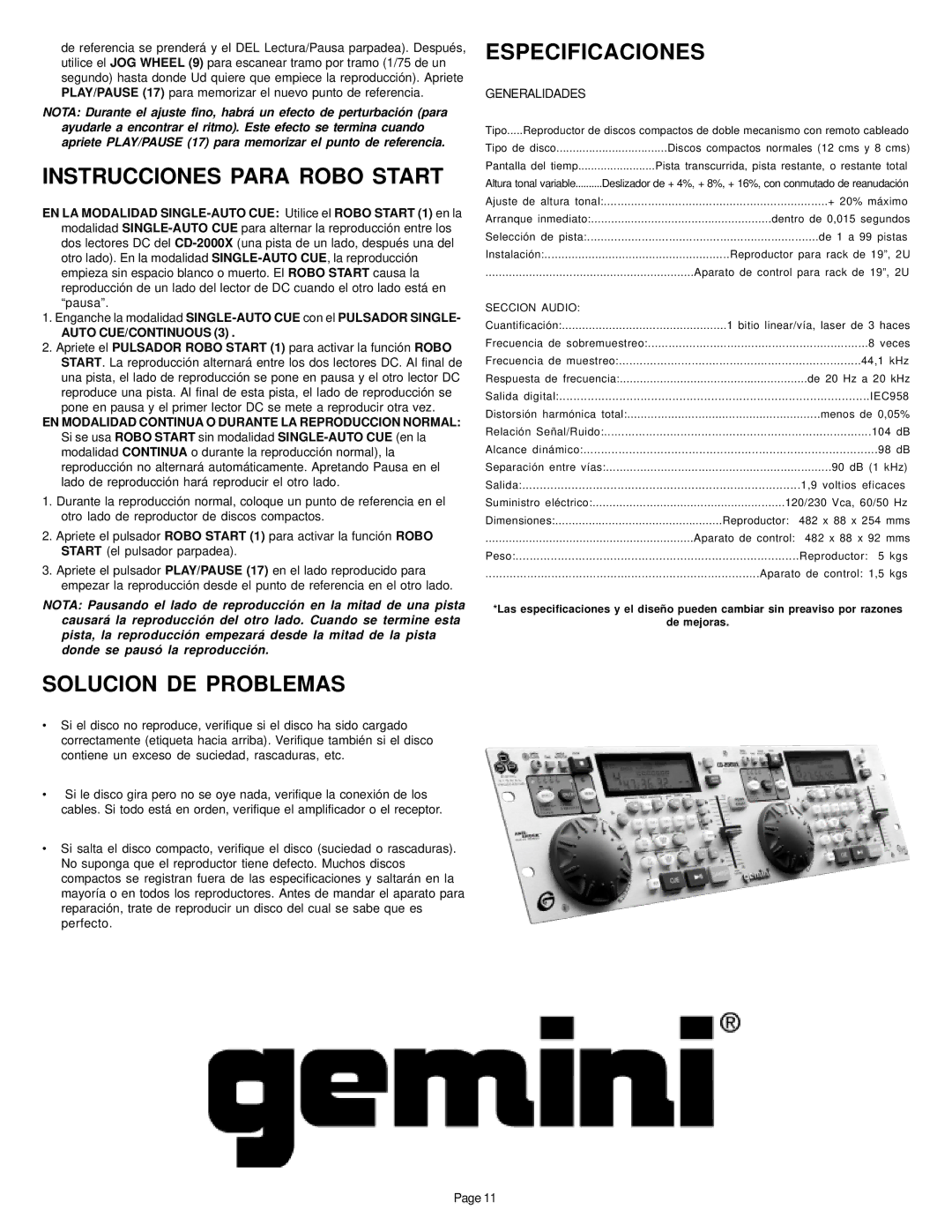 Gemini CD-2000X manual Instrucciones Para Robo Start, Solucion DE Problemas, Especificaciones, Auto CUE/CONTINUOUS 