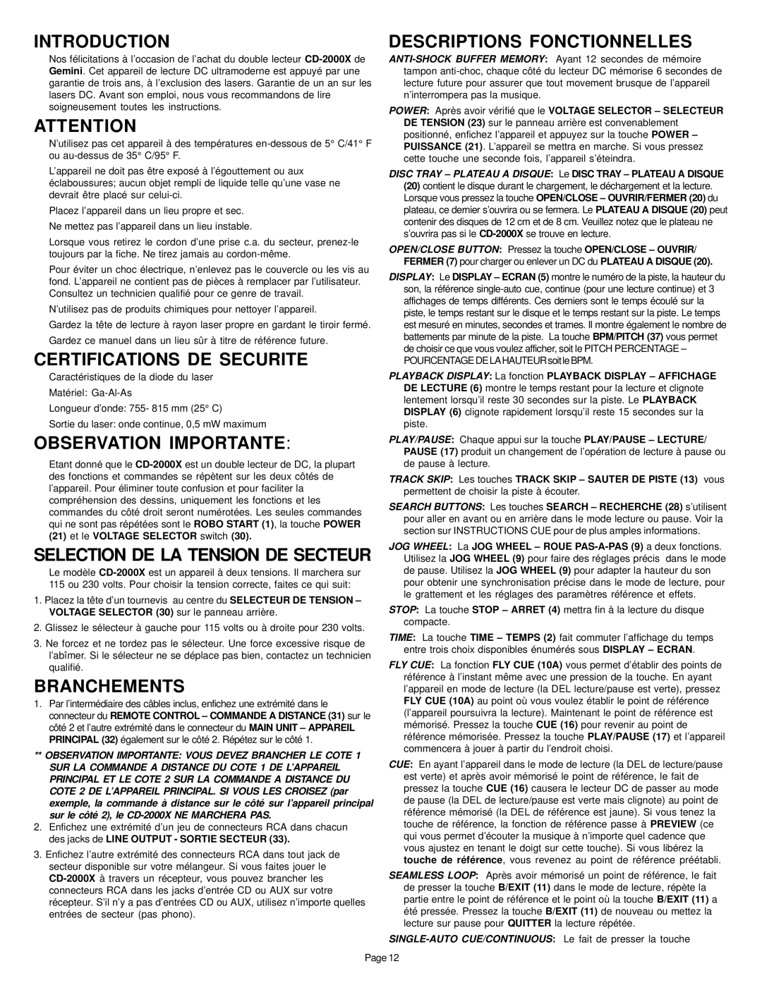 Gemini CD-2000X Introduction Descriptions Fonctionnelles, Certifications DE Securite, Observation Importante, Branchements 