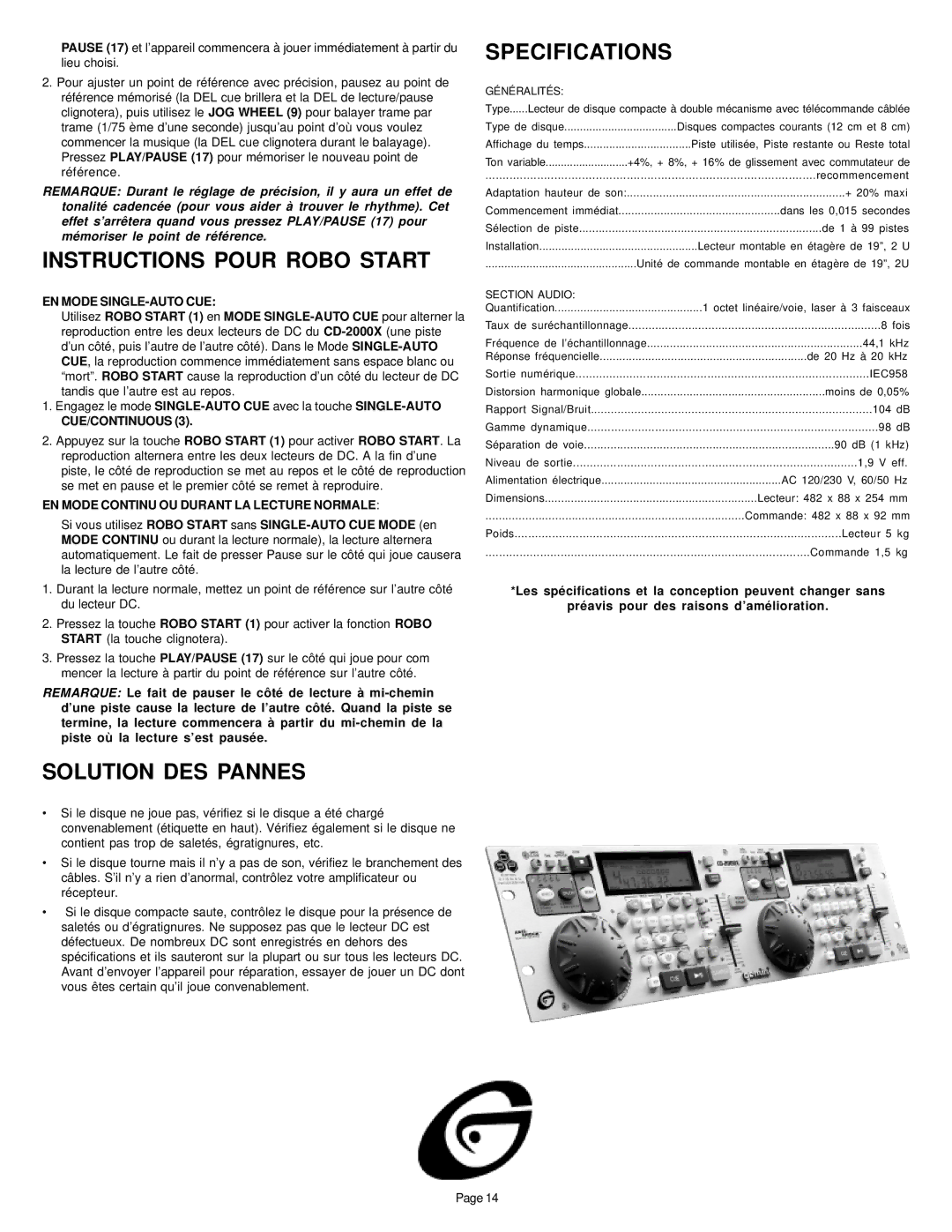 Gemini CD-2000X manual Instructions Pour Robo Start, Solution DES Pannes, EN Mode SINGLE-AUTO CUE, Cue/Continuous 