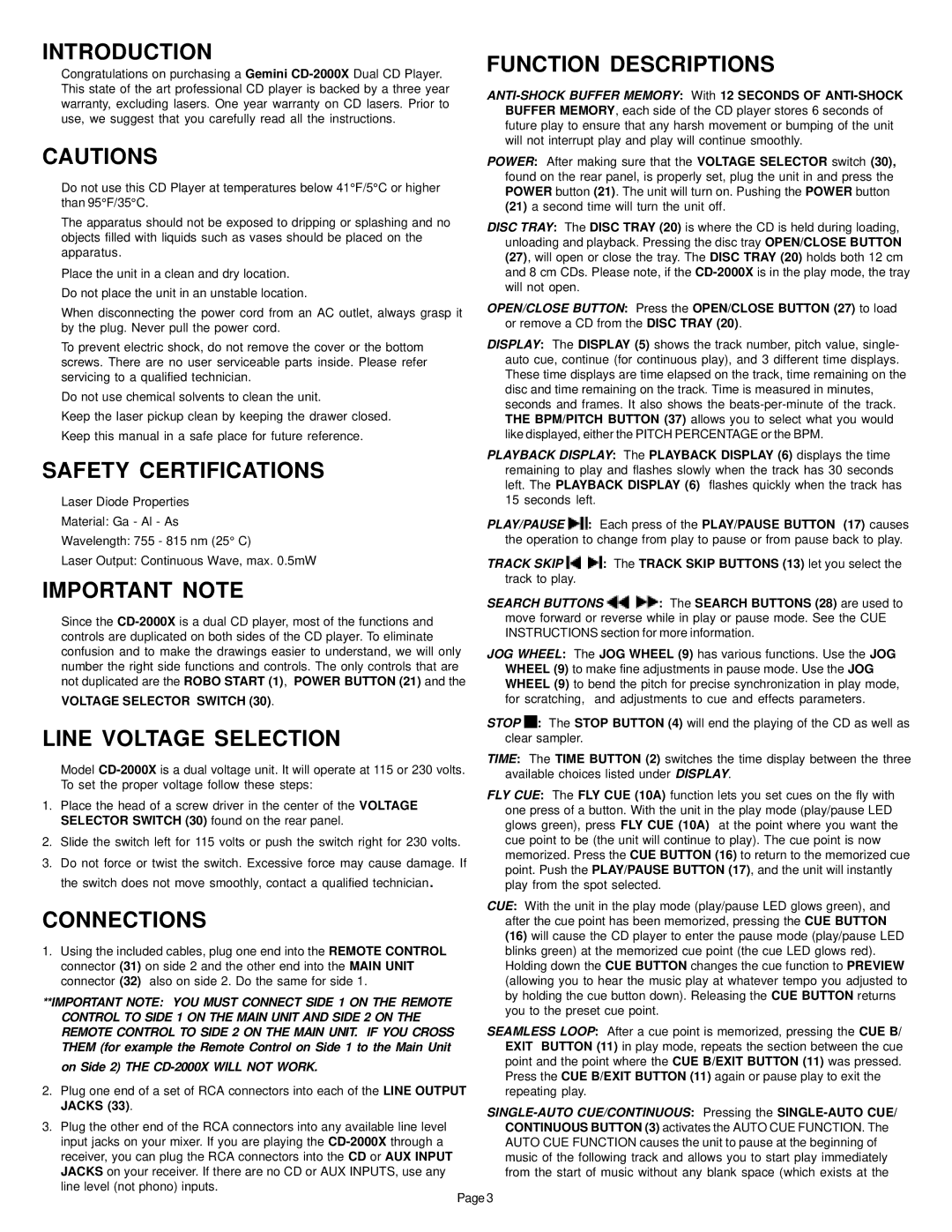 Gemini CD-2000X manual Introduction Function Descriptions, Safety Certifications, Important Note, Line Voltage Selection 