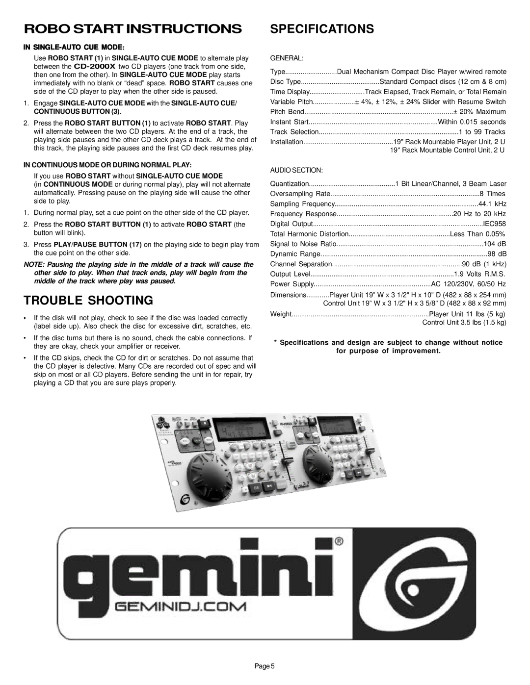 Gemini CD-2000X manual Trouble Shooting, Specifications, Continuous Mode or During Normal Play 