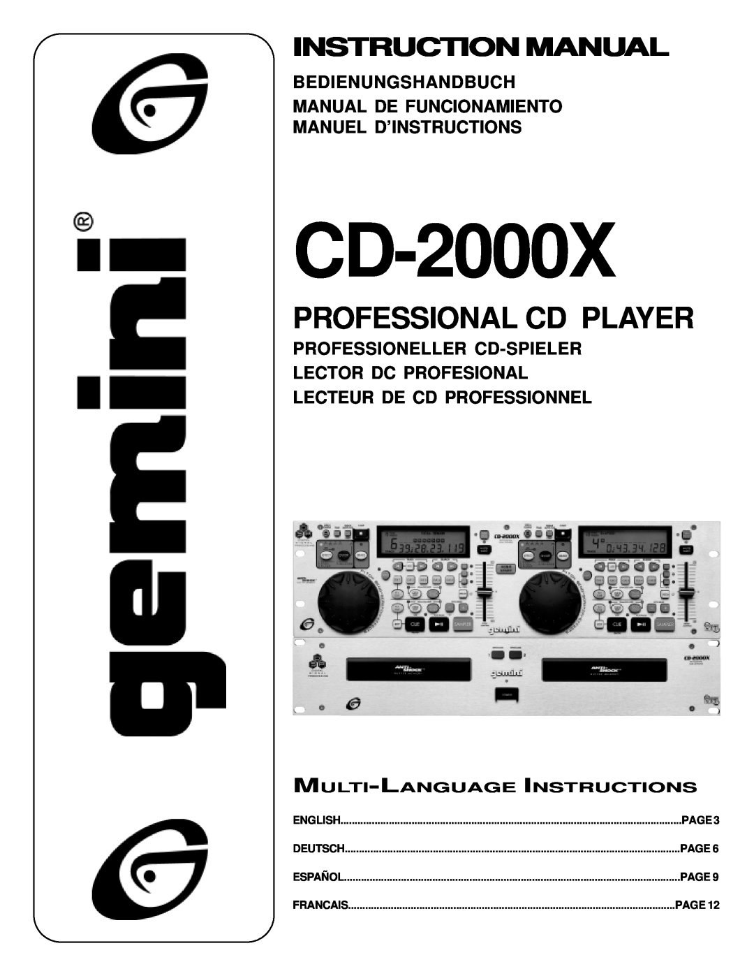 Gemini CD-2000X manual Bedienungshandbuch, Manual De Funcionamiento Manuel D’Instructions, Professioneller Cd-Spieler 