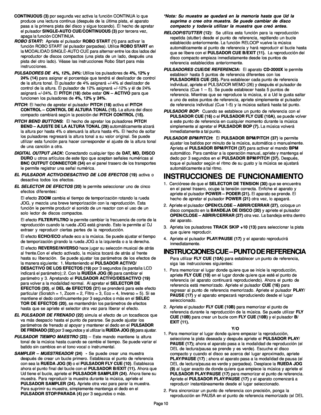 Gemini CD-2000X manual Instrucciones De Funcionamiento, Instruccionescue-Puntodereferencia 