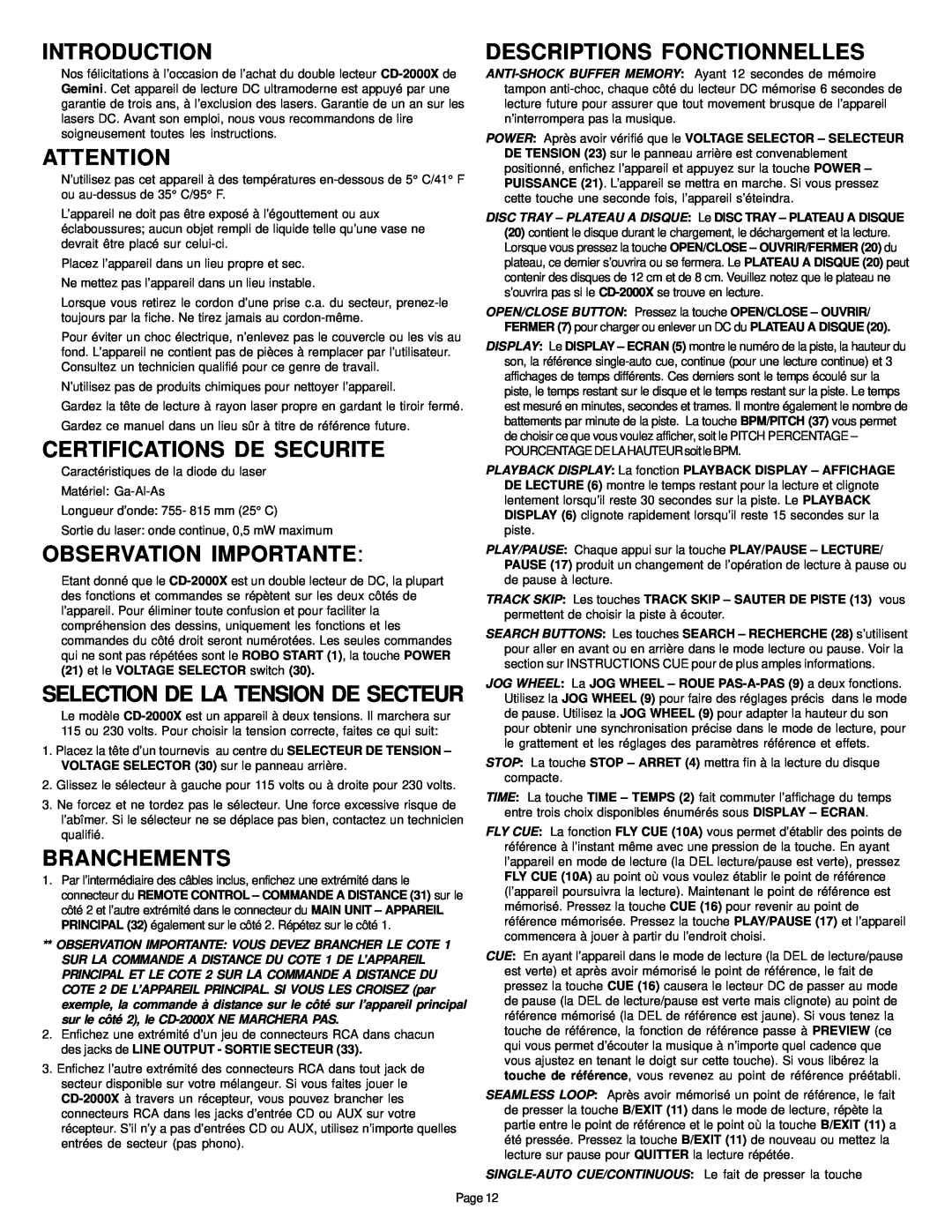 Gemini CD-2000X manual Descriptions Fonctionnelles, Certifications De Securite, Observation Importante, Branchements 