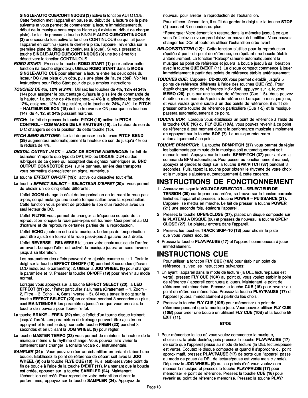 Gemini CD-2000X manual Instructions De Fonctionnement, Instructions Cue 