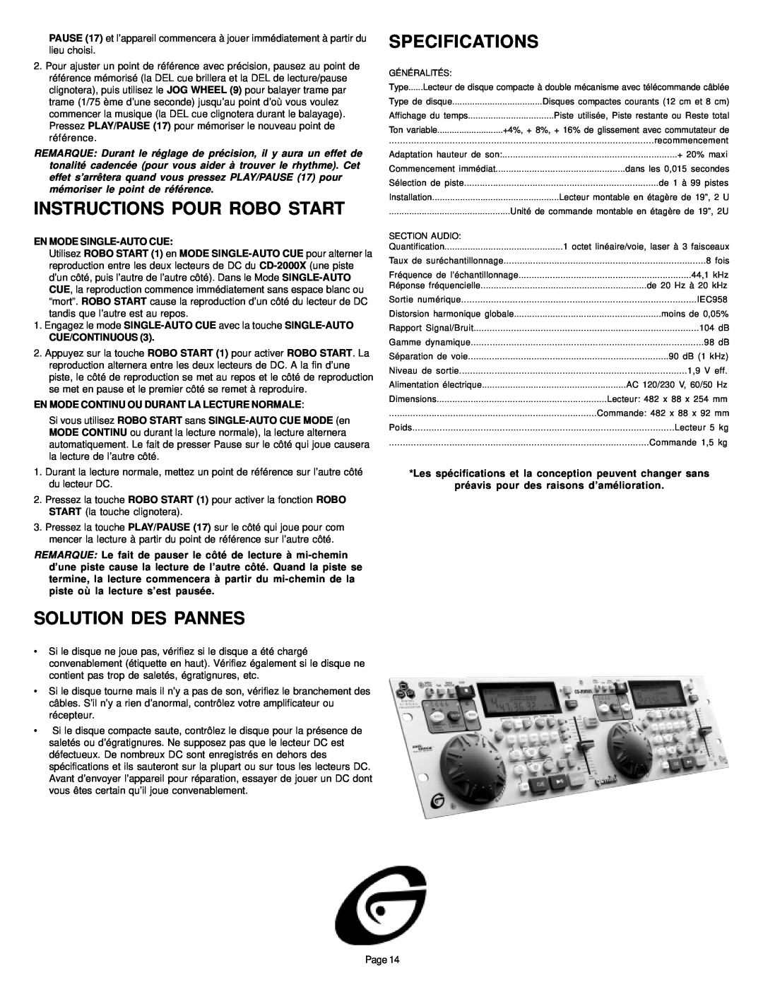 Gemini CD-2000X manual Instructions Pour Robo Start, Solution Des Pannes, Specifications 