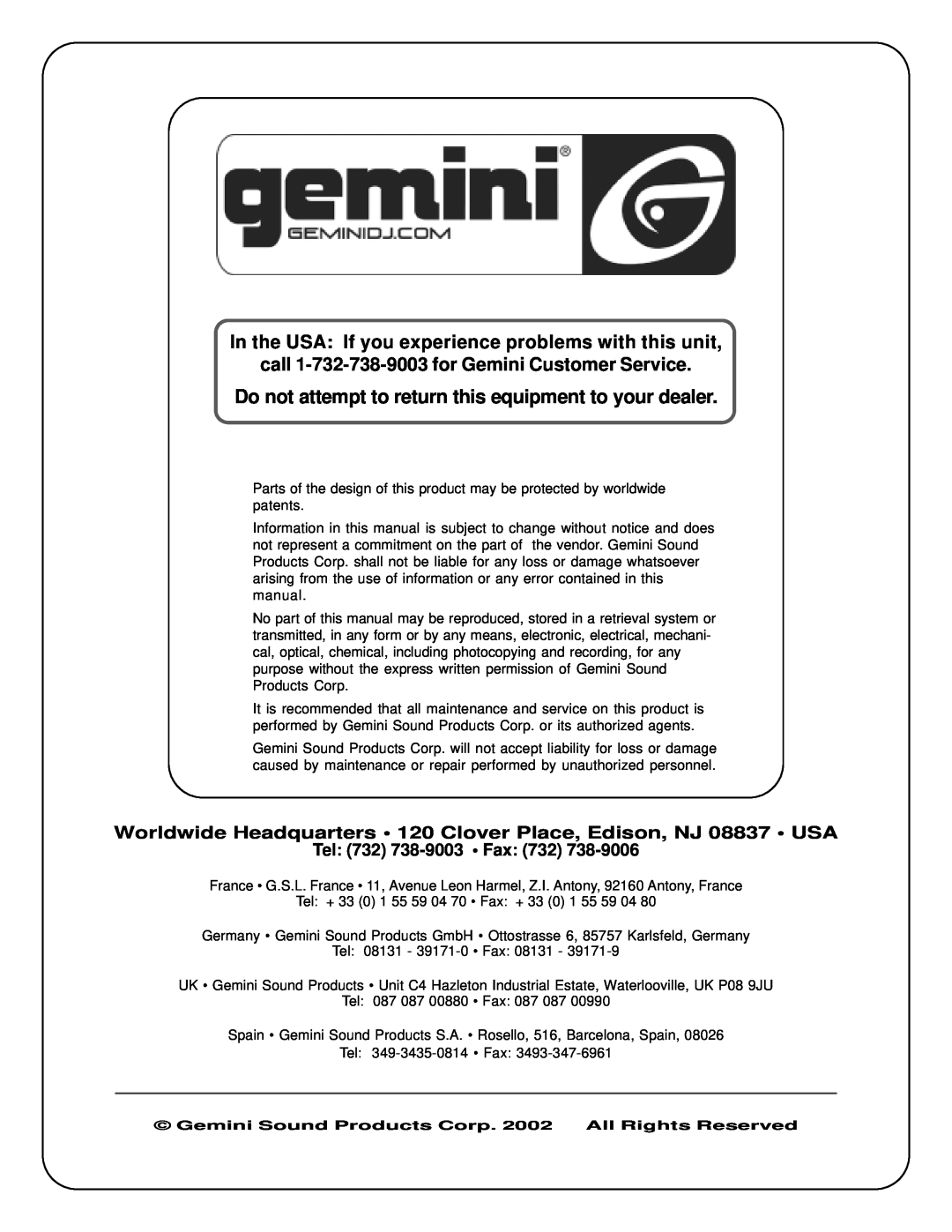 Gemini CD-2000X manual Tel 732 738-9003 Fax, call 1-732-738-9003for Gemini Customer Service 