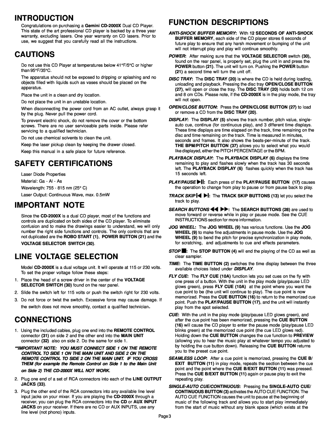Gemini CD-2000X manual Introduction, Function Descriptions, Cautions, Safety Certifications, Important Note, Connections 