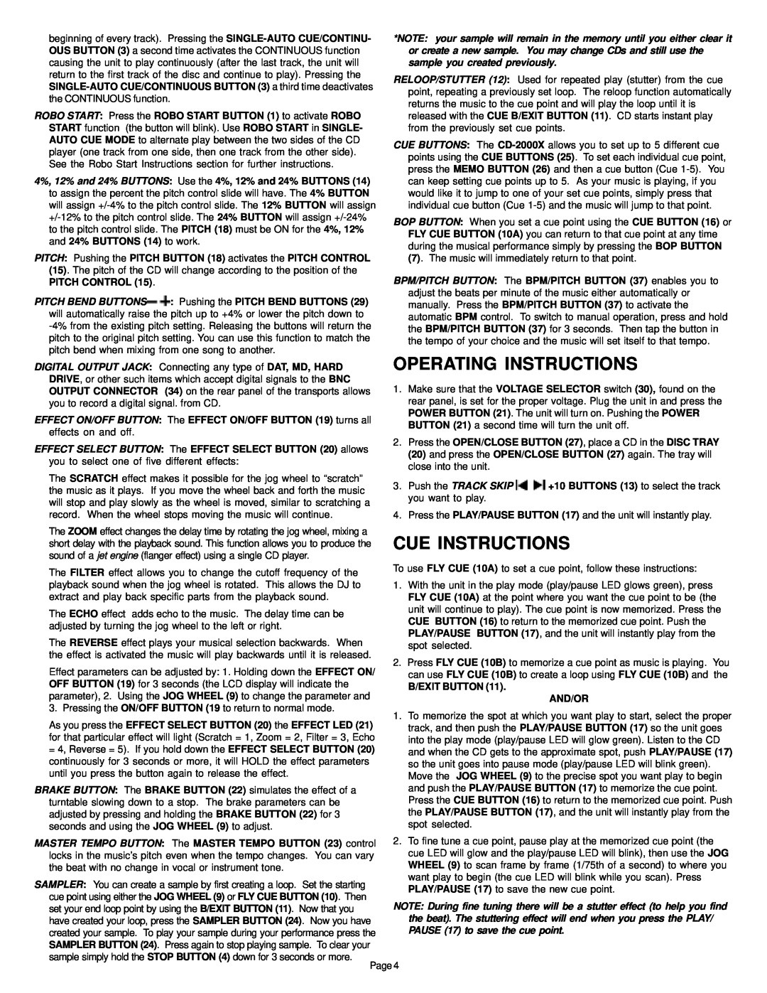 Gemini CD-2000X manual Operating Instructions, Cue Instructions 