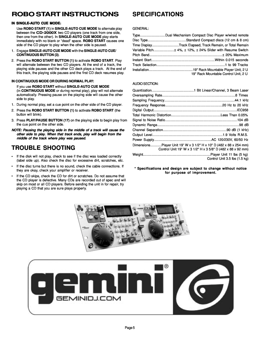 Gemini CD-2000X manual Robo Start Instructions, Trouble Shooting, Specifications, In Single-Autocue Mode 