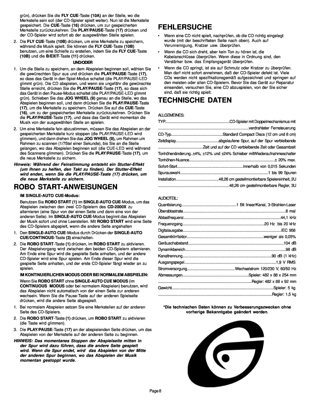 Gemini CD-2000X manual Robo Start-Anweisungen, Fehlersuche, Technische Daten, Und/Oder, IM SINGLE-AUTO CUE-Modus 