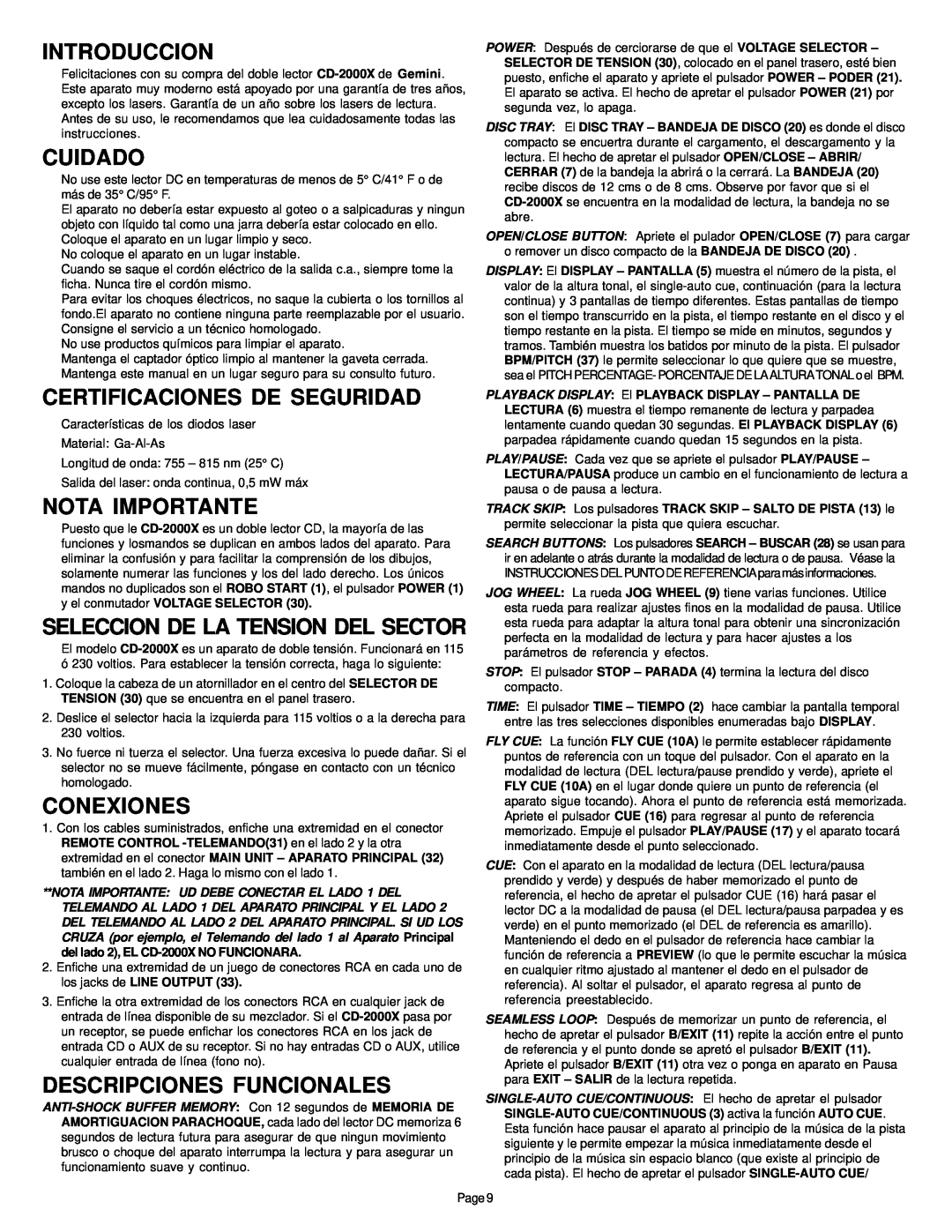 Gemini CD-2000X manual Introduccion, Cuidado, Certificaciones De Seguridad, Nota Importante, Conexiones 
