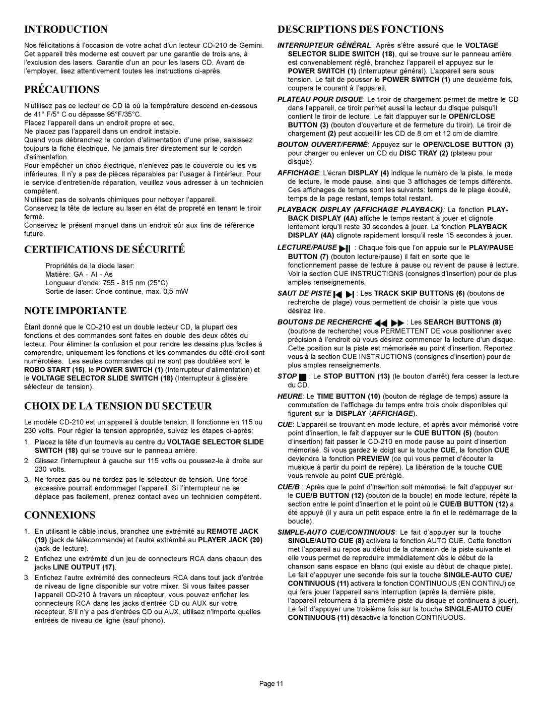 Gemini CD-210 manual Précautions, Certifications DE Sécurité, Choix DE LA Tension DU Secteur, Connexions 