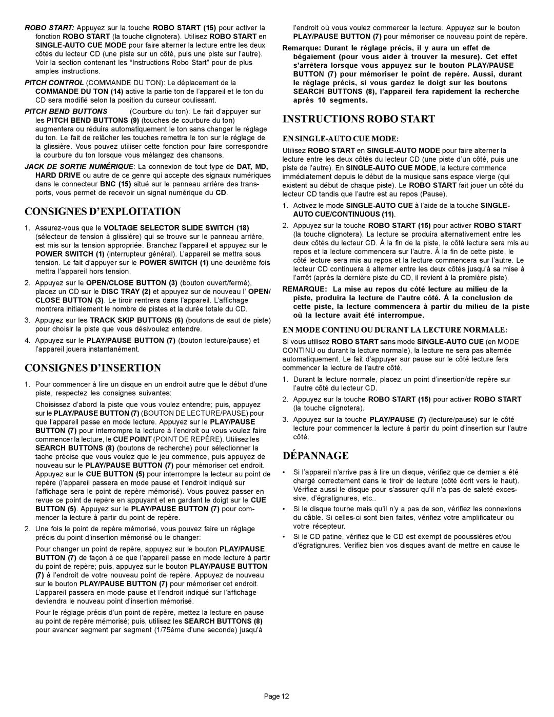 Gemini CD-210 manual Consignes D’EXPLOITATION, Consignes D’INSERTION, Instructions Robo Start, Dépannage 