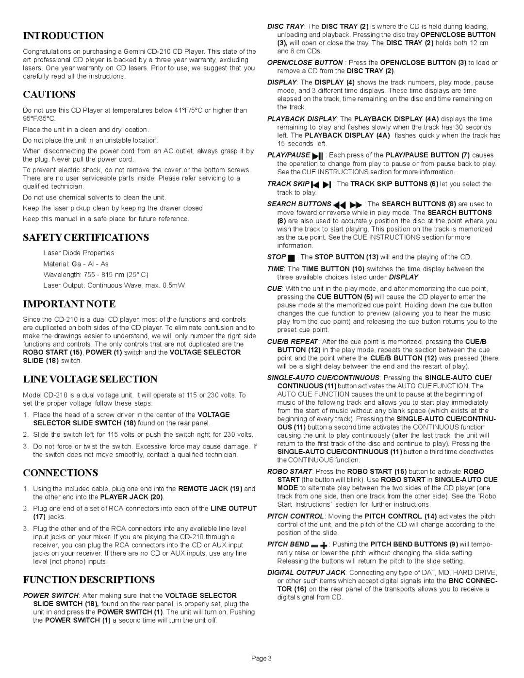 Gemini CD-210 manual Introduction, Safety Certifications, Important Note, Line Voltage Selection, Connections 