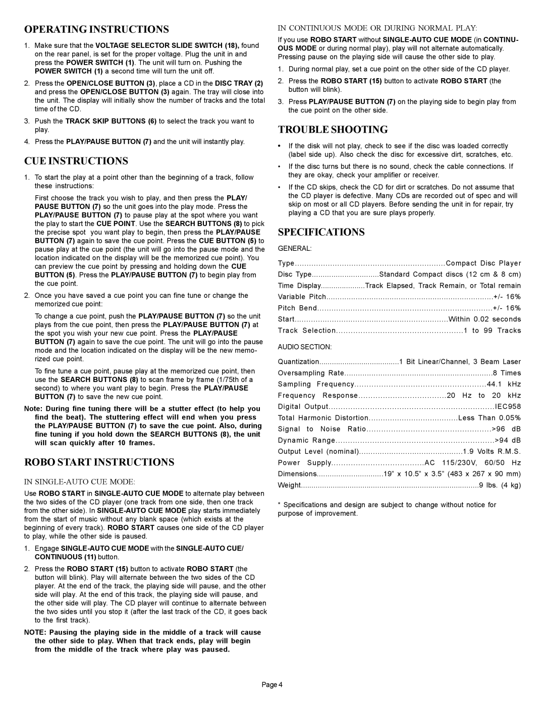 Gemini CD-210 manual Operating Instructions, CUE Instructions, Robo Start Instructions, Trouble Shooting, Specifications 