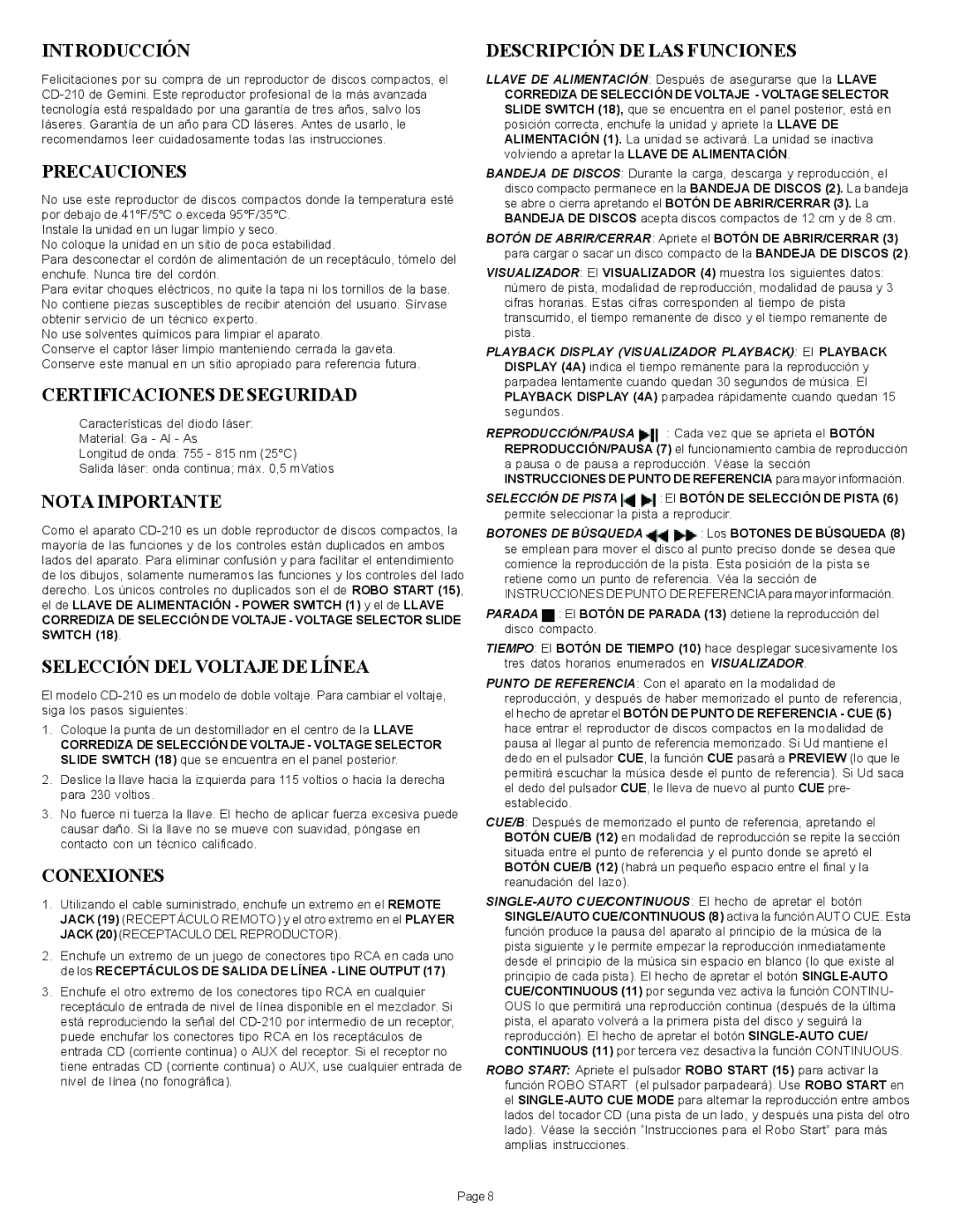 Gemini CD-210 Introducción, Precauciones, Certificaciones DE Seguridad, Nota Importante, Selección DEL Voltaje DE Línea 