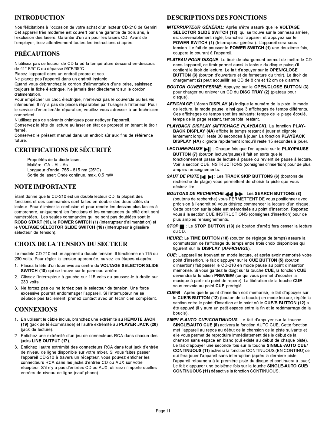 Gemini CD-210 manual Précautions, Certifications De Sécurité, Note Importante, Choix De La Tension Du Secteur, Connexions 