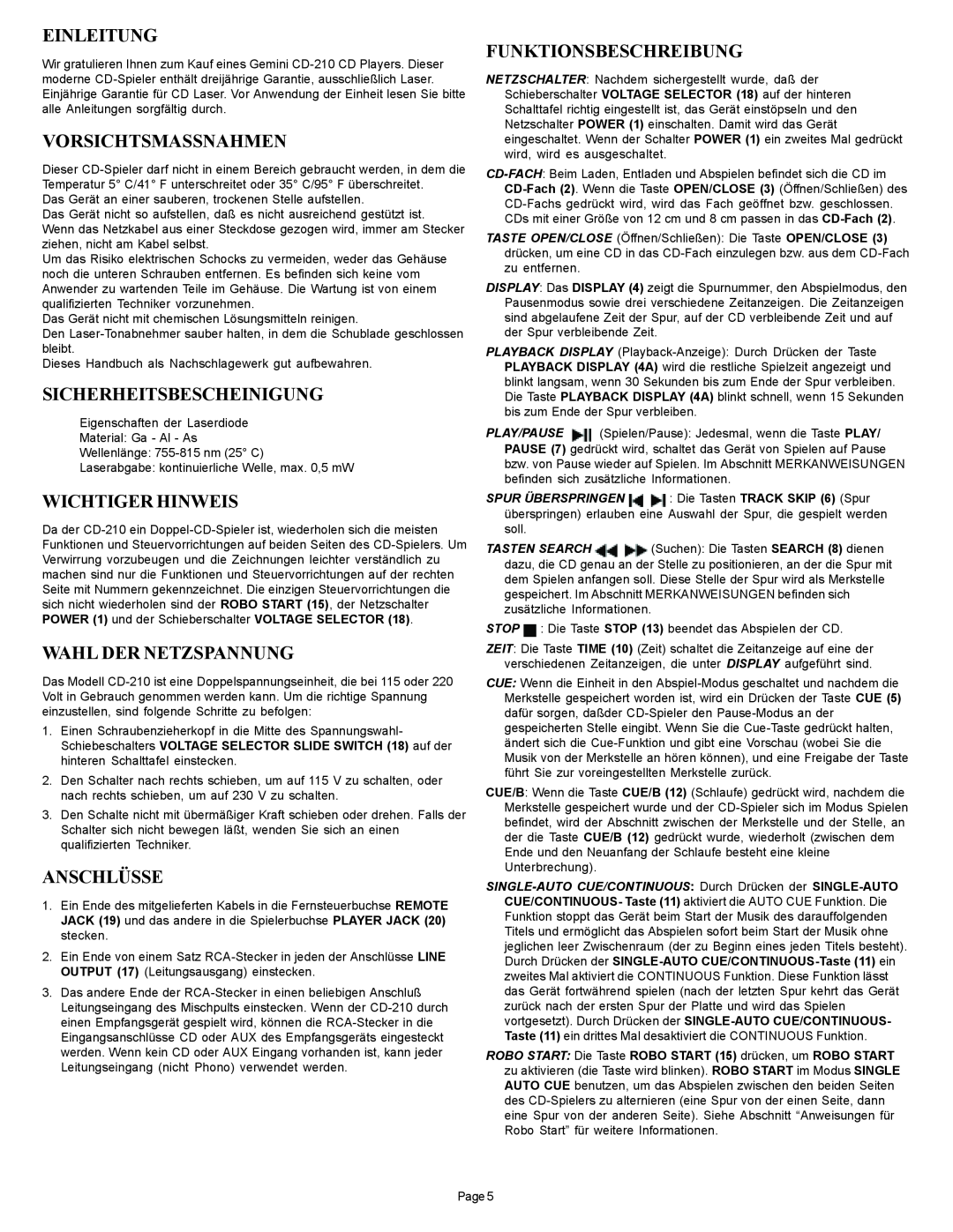 Gemini CD-210 manual Einleitung, Vorsichtsmassnahmen, Sicherheitsbescheinigung, Wichtiger Hinweis, Wahl Der Netzspannung 