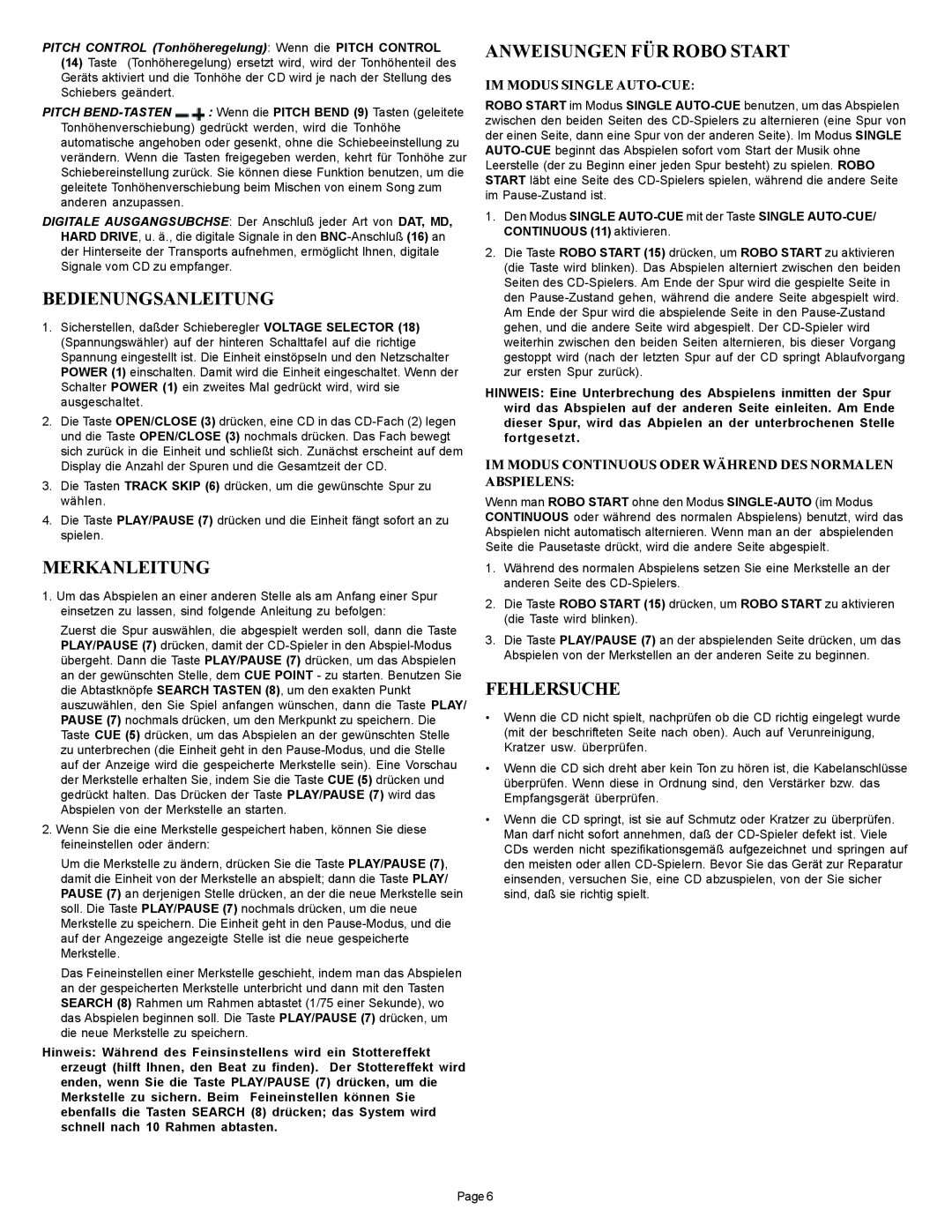 Gemini CD-210 manual Bedienungsanleitung, Merkanleitung, Anweisungen Für Robo Start, Fehlersuche, Im Modus Single Auto-Cue 
