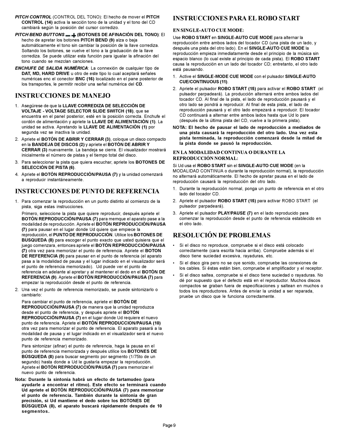 Gemini CD-210 manual Instrucciones De Manejo, Instrucciones De Punto De Referencia, Instrucciones Para El Robo Start 