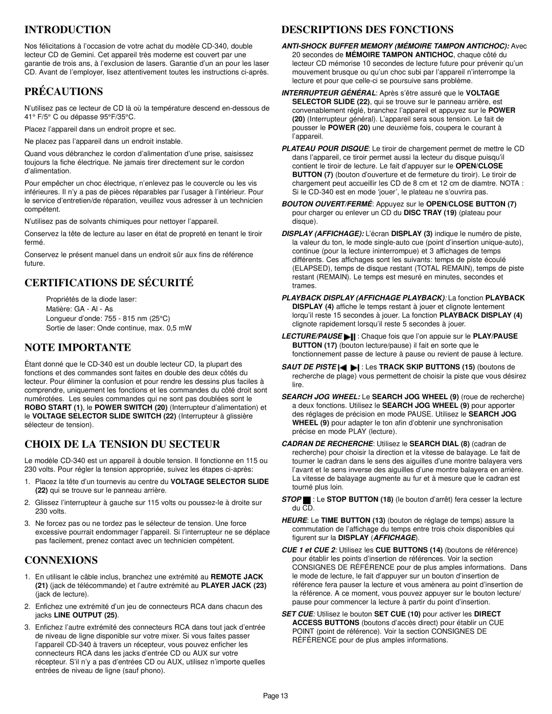 Gemini CD-340 manual Introduction Descriptions DES Fonctions, Précautions, Certifications DE Sécurité, Connexions 