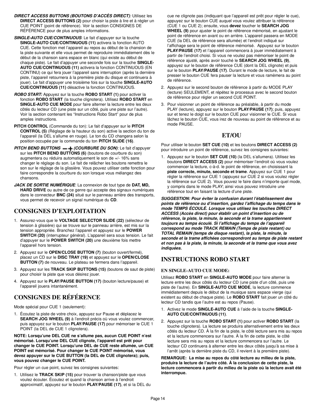 Gemini CD-340 manual Consignes D’EXPLOITATION, Consignes DE Référence, Et/Ou, Instructions Robo Start 