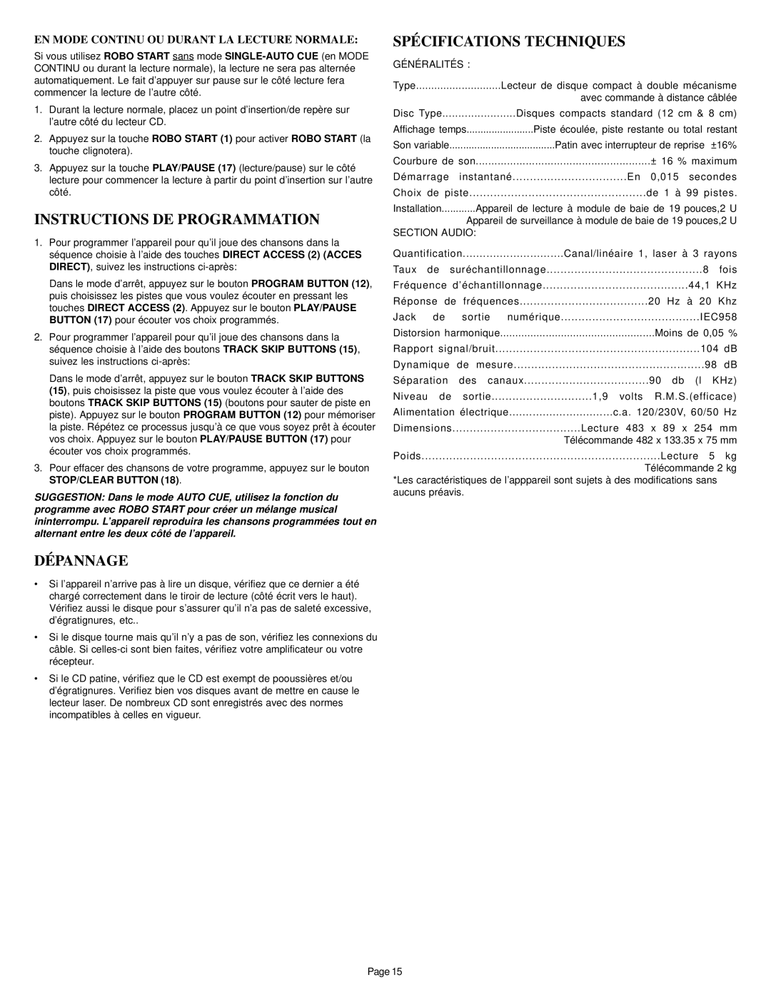 Gemini CD-340 manual Instructions DE Programmation, Dépannage, Spécifications Techniques 