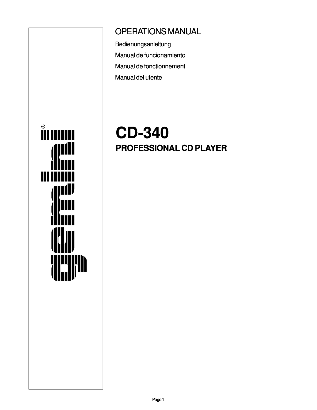Gemini CD-340 manual Operations Manual, Professional Cd Player, Bedienungsanleltung Manual de funcionamiento 