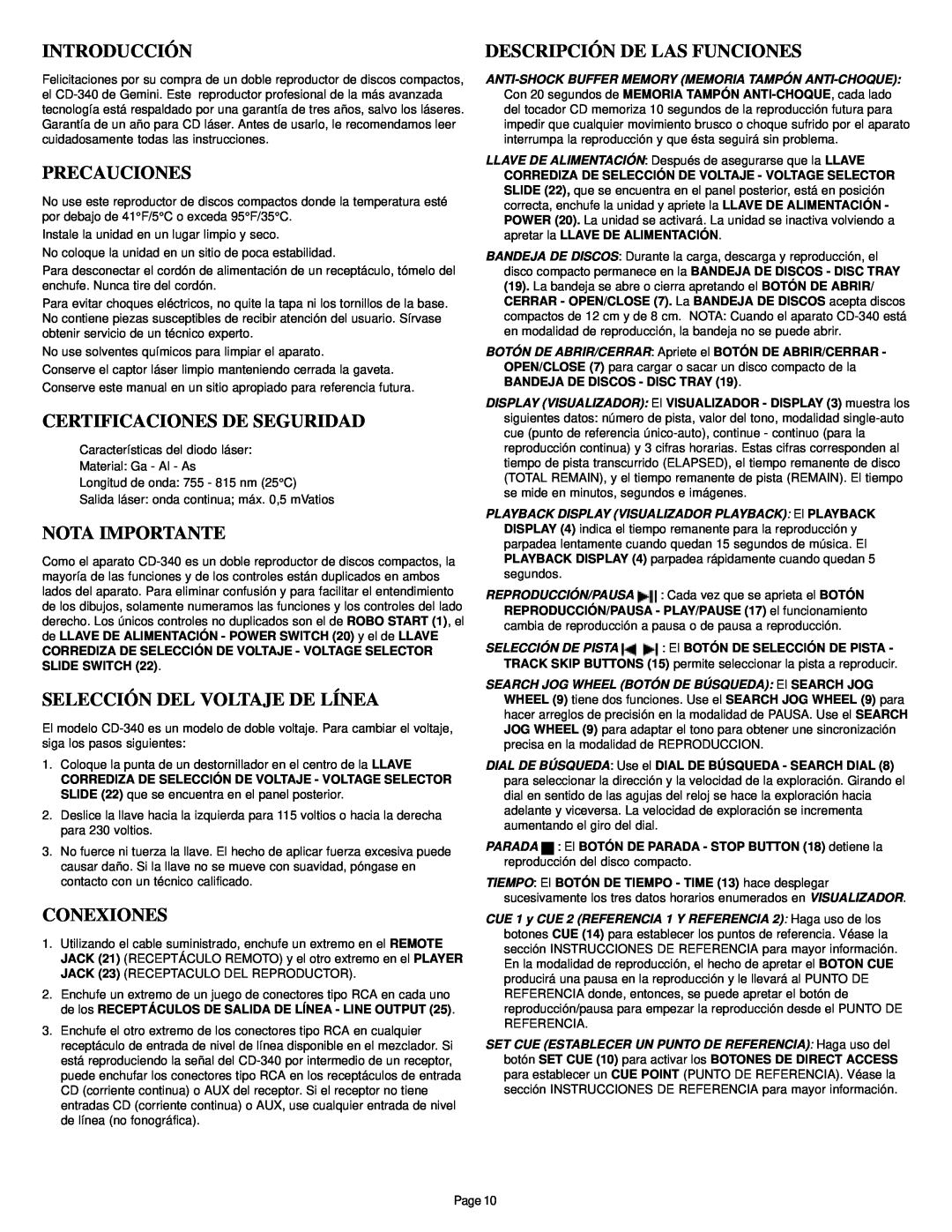 Gemini CD-340 Introducción, Precauciones, Certificaciones De Seguridad, Nota Importante, Selección Del Voltaje De Línea 