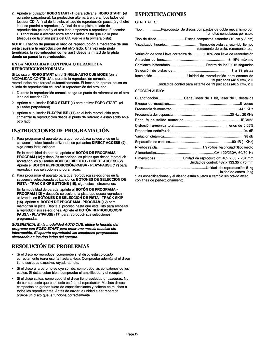 Gemini CD-340 manual Instrucciones De Programación, Resolución De Problemas, Especificaciones 