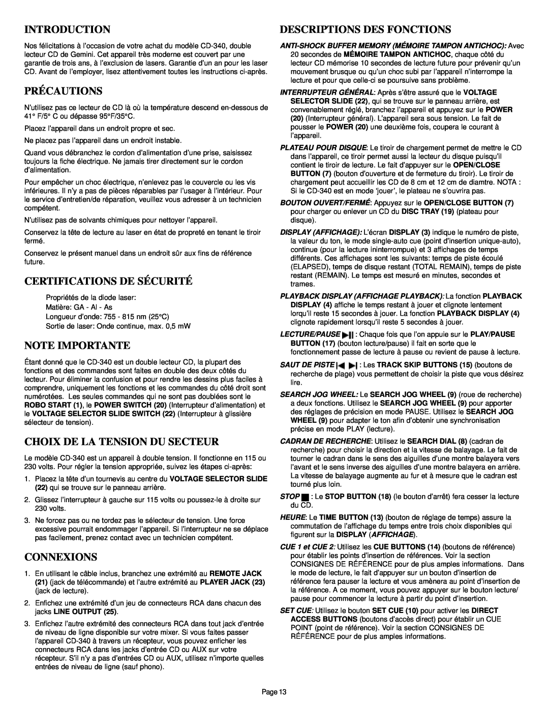 Gemini CD-340 manual Descriptions Des Fonctions, Précautions, Certifications De Sécurité, Note Importante, Connexions 