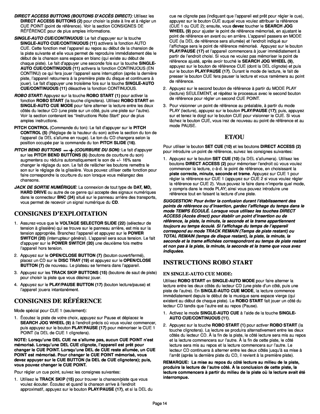 Gemini CD-340 Consignes D’Exploitation, Consignes De Référence, Et/Ou, Instructions Robo Start, En Single-Autocue Mode 