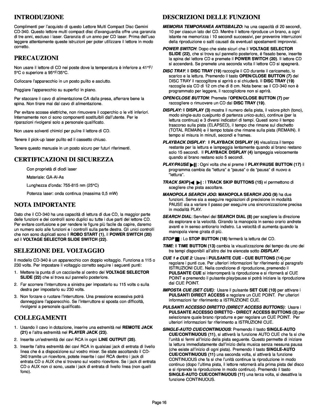 Gemini CD-340 manual Introduzione, Precauzioni, Certificazioni Di Sicurezza, Selezione Del Voltaggio, Collegamenti 