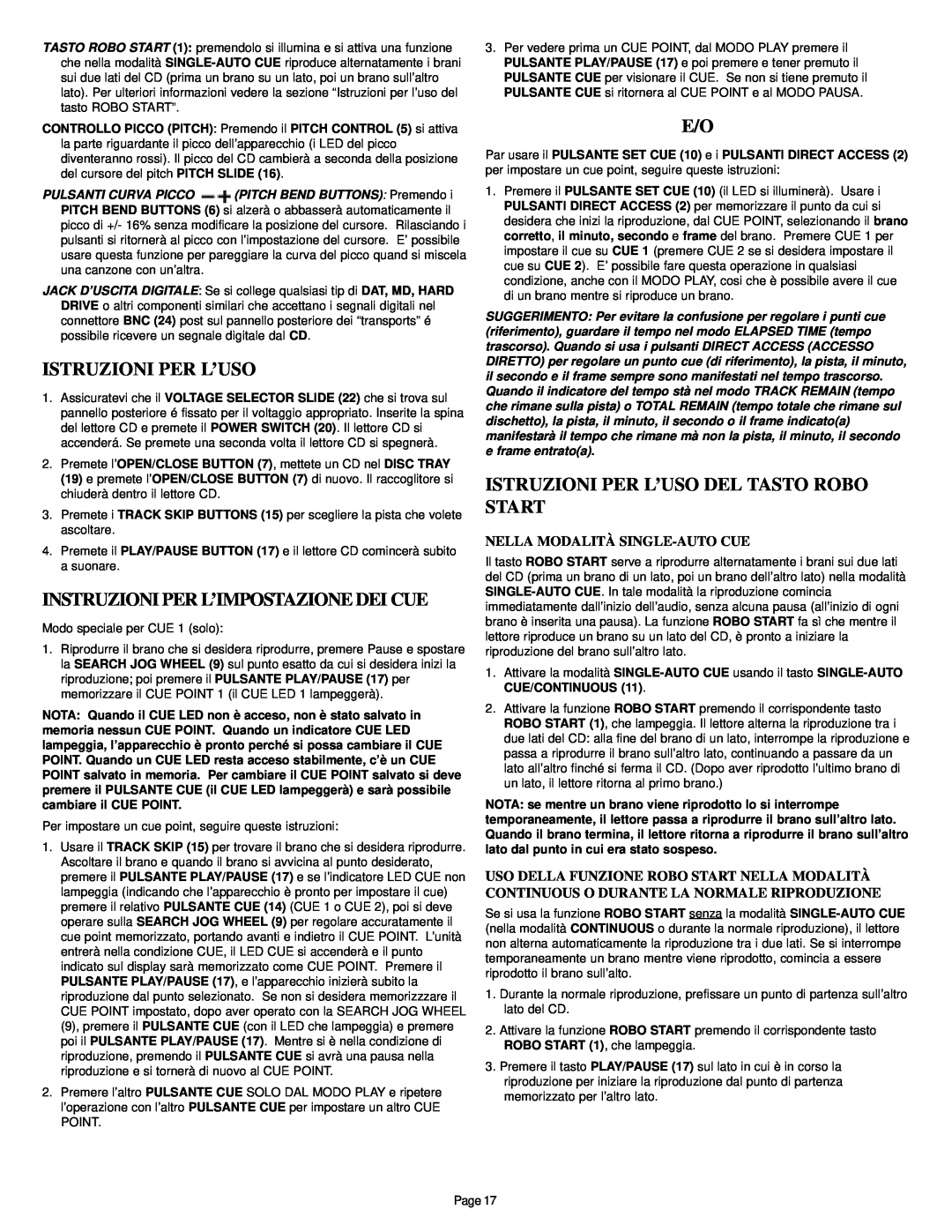 Gemini CD-340 manual Instruzioni Per L’Impostazione Dei Cue, Istruzioni Per L’Uso Del Tasto Robo Start 